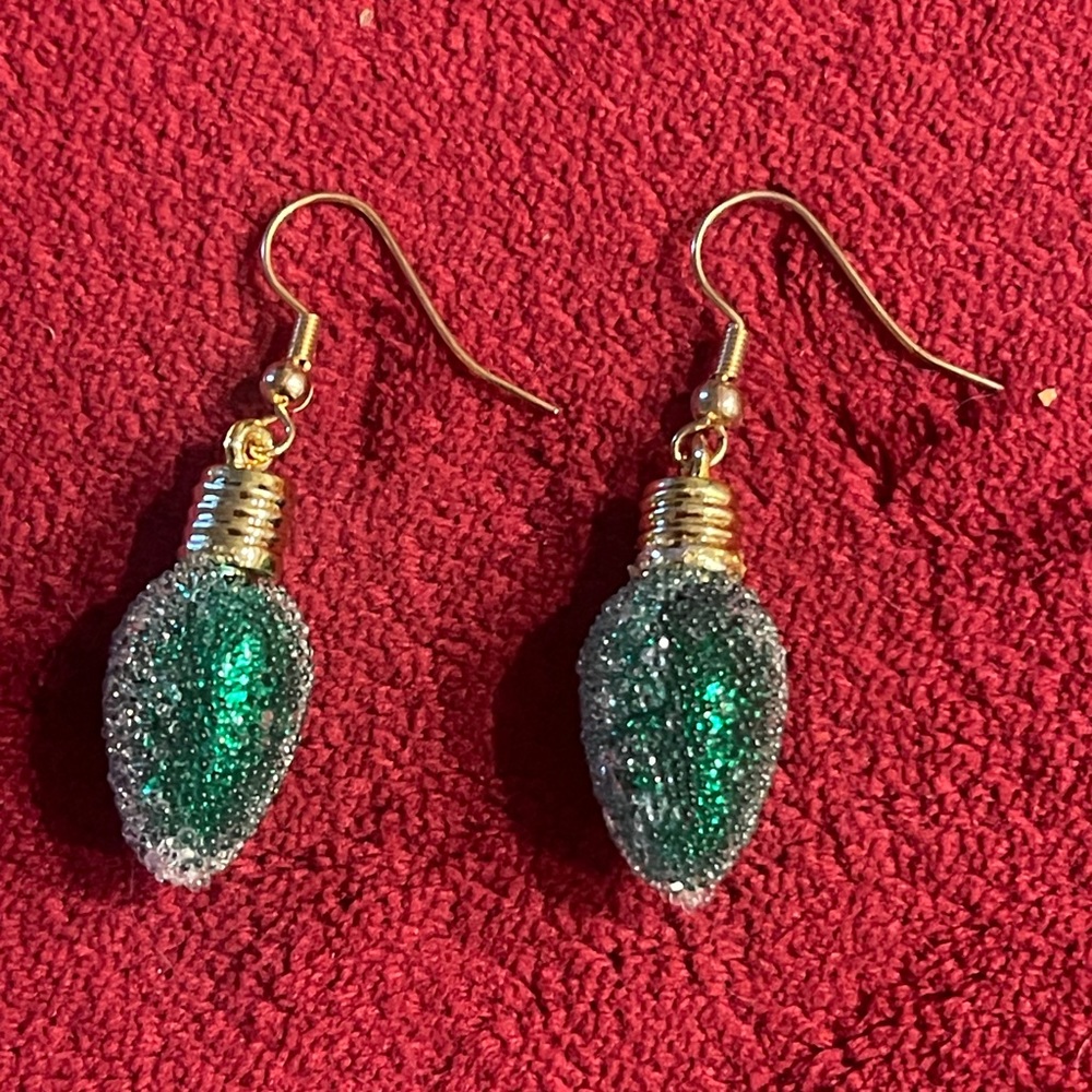Christmas Light Bulb Dangling Earrings.Green with Glitter.Hand Made - New
